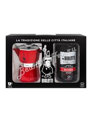 Bialetti Moka Red Набор: гейзерная кофеварка на 3 порции + кофе молотый Roma 250 г