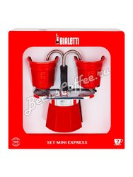 Bialetti Mini Express Набор: гейзерная кофеварка красная на 2 порции + 2 чашки